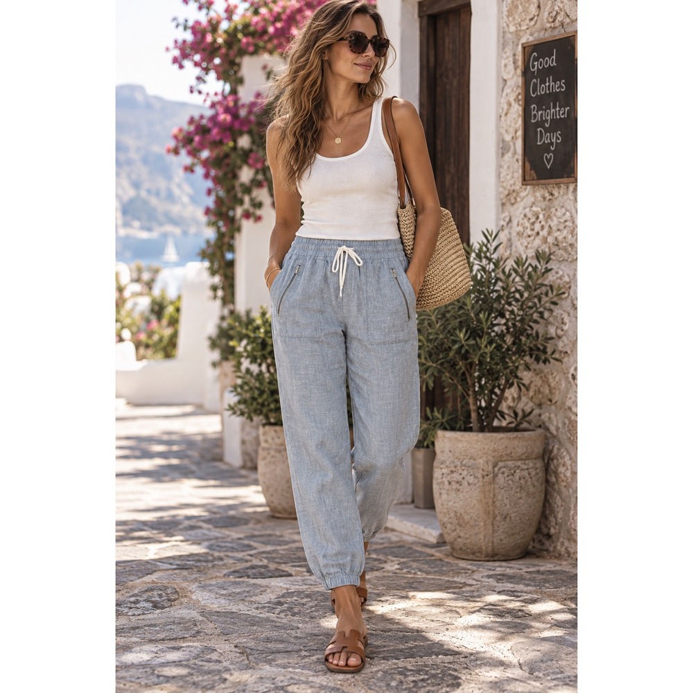 Athleta Cabo Linen Jogger Pants Blue Chambray Size 8 Travel Beach